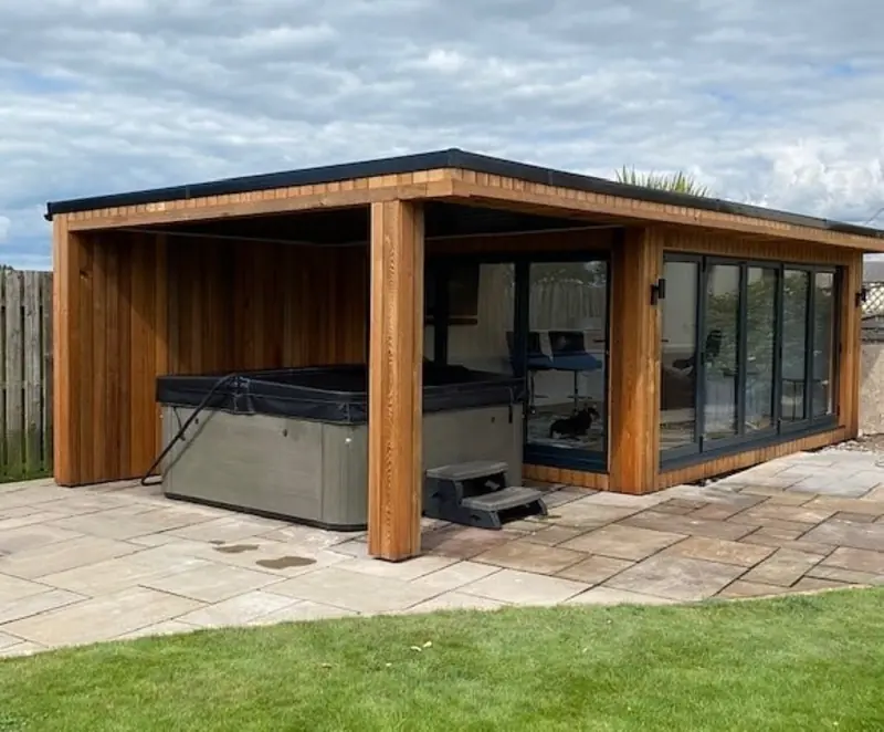 Cedar hot tub pavilion concept with covered spa area — combining luxury leisure space with garden room design