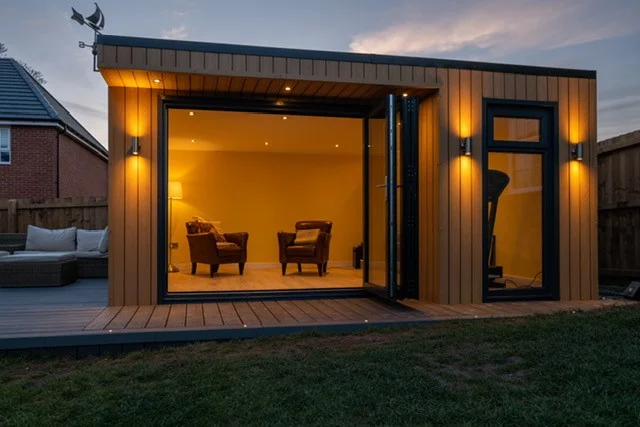 Insulated garden room lit in the evening with exterior wall lights, built by Helps & Co in Surrey