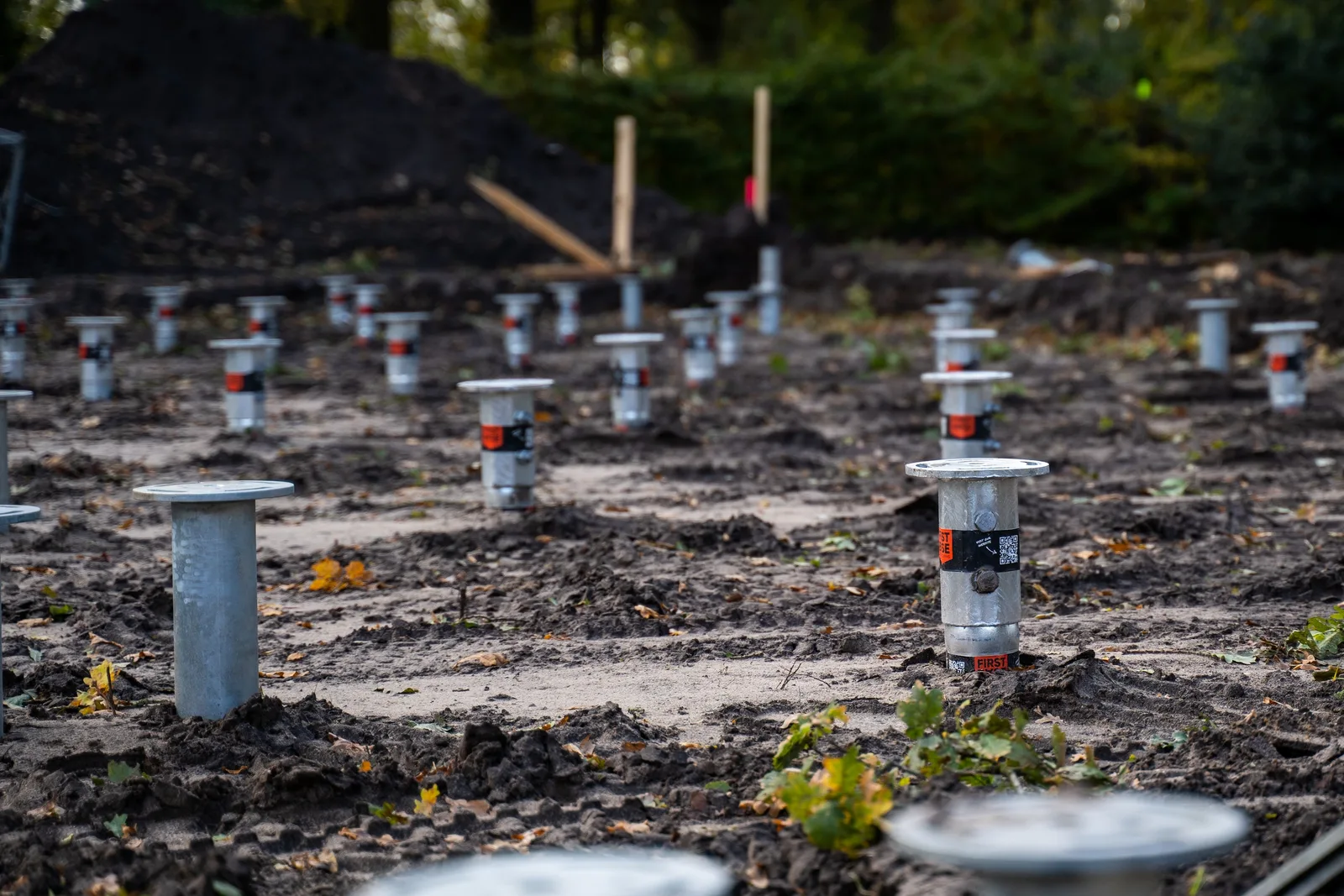 Complete grid of ground screws installed and levelled across a cleared site