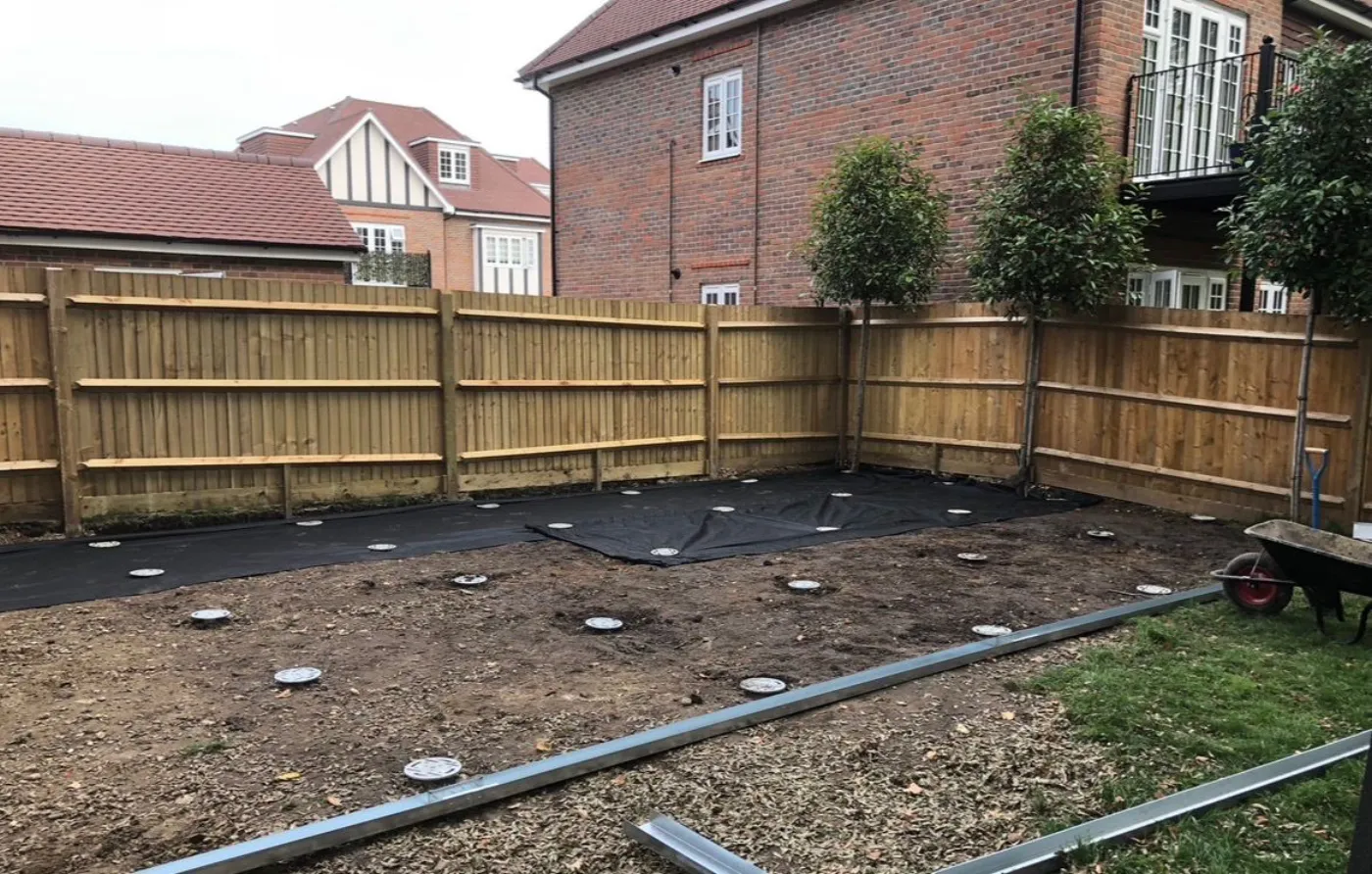 Ground screws installed with steel subframe starting on a garden room project in Surrey