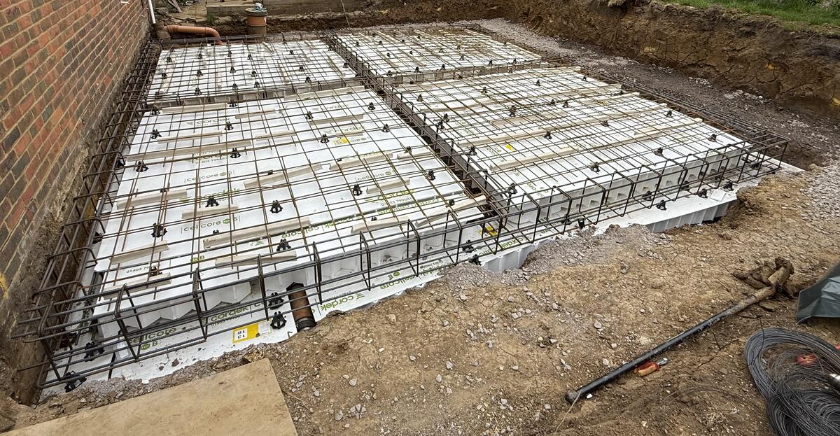 Reinforced raft foundation with Cellcore heave protection in Surrey clay soil