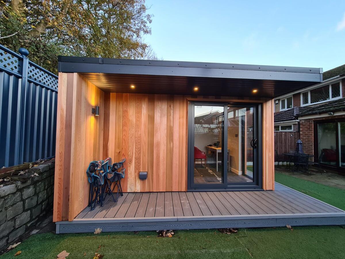 Cedar garden office with composite decking in Esher, Surrey